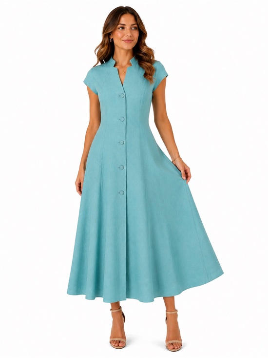 Dresses & Skirts - Vintage 90’s Geiger Austria 100% Linen Blue Midi Dress EU 38 US 8 Button Front